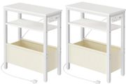Narrow Side Table, Slim Bedside Table with Charging Station for Small Space, USB Ports and Power Outlet, 40 x 20 x 60 cm, for Living Room, White and Cream