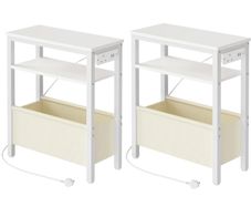 Narrow Side Table, Slim Bedside Table with Charging Station for Small Space, USB Ports and Power Outlet, 40 x 20 x 60 cm, for Living Room, White and Cream