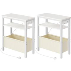 Narrow Side Table, Slim Bedside Table with Charging Station for Small Space, USB Ports and Power Outlet, 40 x 20 x 60 cm, for Living Room, White and Cream