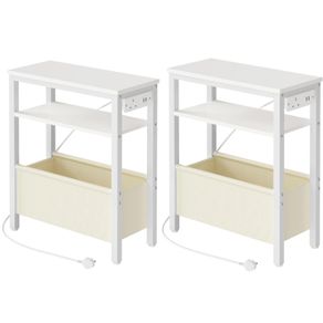 Narrow Side Table, Slim Bedside Table with Charging Station for Small Space, USB Ports and Power Outlet, 40 x 20 x 60 cm, for Living Room, White and Cream