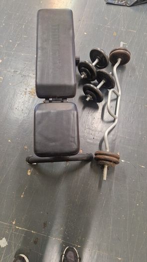 Iron Gym Adjustable Weight Bench + Dumbbells + EZ Curl Bar