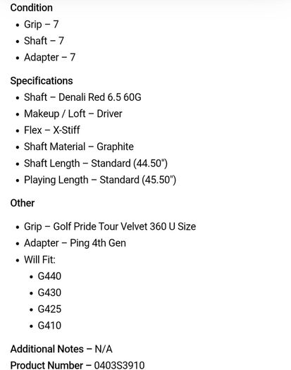 Project X Denali Red 6.5 60G X-Stiff Driver Shaft / Ping 4th Gen