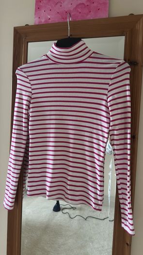 Magenta & White Striped High Neck Top - Size XS/S
