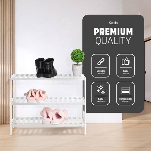 3 Tier Natural Bamboo Shoe Rack Easy Assembly & Strong Design Shelf Organiser Ideal for Bedroom,Bathroom,Hallway & Small Spaces Large Capacity Up to 12 Pairs of Shoes(55x70x25cm)