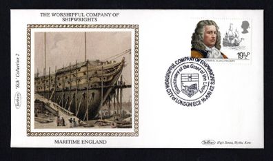 1982 Great Britain Benham Silke Cover showing The Worshipful Company of Shipwrights tying 19 1/2p Admiral Blake and Triumph commemorative stamp