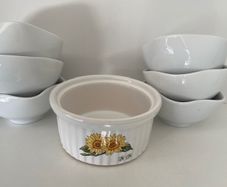 SUNFLOWER RAMEKIN Low-low.  With 6 fluted serving dishes for preserves. Total 7 items.