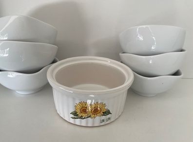 SUNFLOWER RAMEKIN Low-low.  With 6 fluted serving dishes for preserves. Total 7 items.