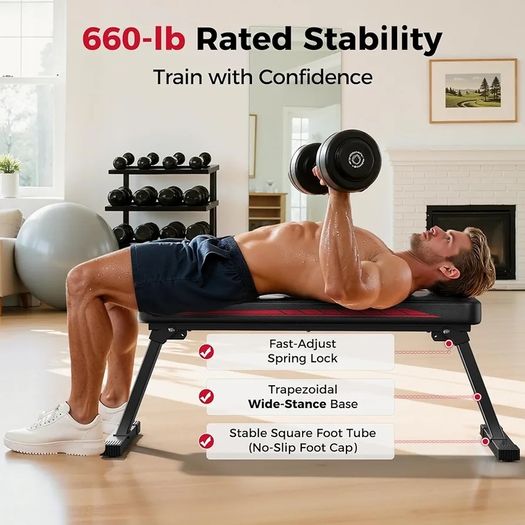 Flat Weight Bench, Foldable Flat Dumbbell Bench, Stable for All Types of Strength Training & Bench Presses, Easy to Assemble for Home Workouts, Max Load Capacity 300 kg
