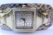 Guess Gold Tan Python Leather Embossed Cuff Band Glitz Watch-u0225l2