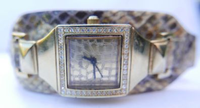 Guess Gold Tan Python Leather Embossed Cuff Band Glitz Watch-u0225l2