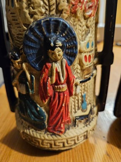Vintage Cyples Old Pottery Oriental Vase Embosa Ware England Twin Handle Decorated