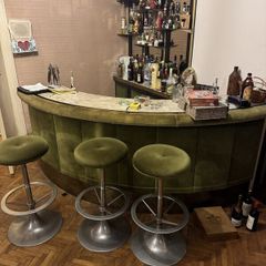 Vintage 1970s Mahogany Home Bar Set, Green Velvet, Marble Top, Mirrored Back Bar and 3 Stools