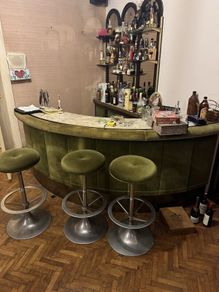 Vintage 1970s Home Bar Set, Curved Green Velvet Bar, Mirrored Back Bar and 3 Stools