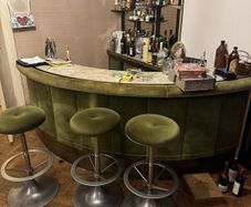 Vintage 1970s Home Bar Set, Curved Green Velvet Bar, Mirrored Back Bar and 3 Stools