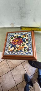 Vintage French Wood and Ceramic Tile Trivet, Floral Ceramic Hot Pot Stand