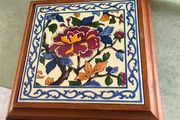 Vintage French Wood and Ceramic Tile Trivet, Floral Ceramic Hot Pot Stand