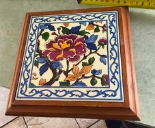 Vintage French Wood and Ceramic Tile Trivet, Floral Ceramic Hot Pot Stand