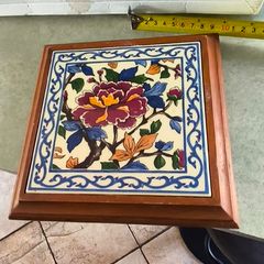Vintage French Wood and Ceramic Tile Trivet, Floral Ceramic Hot Pot Stand