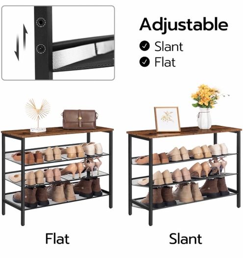 4-Tier Shoe Rack, Industrial Shoe Storage Organizer with 3 Adjustable Mesh Shelves, Metal Frame, Strong and Durable, Ideal for Entryway, Living Room, Bedroom, Hallway, Rustic Brown