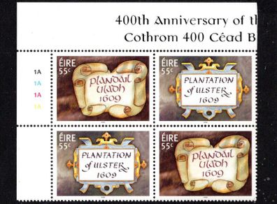 2009 Ireland The 400th Anniversary of the Plantation of Ulster Commemorative Stamps Plate Block 1A1A1A1A Mint Never Hinged (MNH)