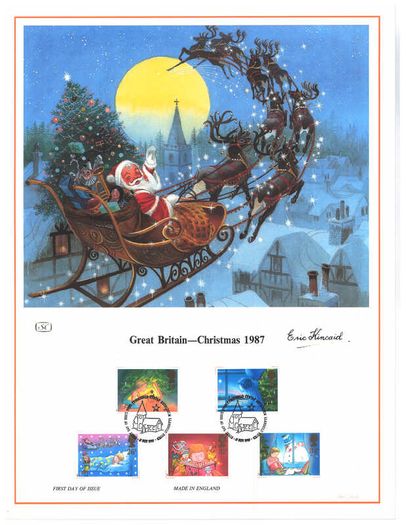 1987 Great Britain Limited Edition Lithographed Print measuring 333mm X 257mm showing Christmas 1987 Commemorative stamps with First Day of Issue Cancel