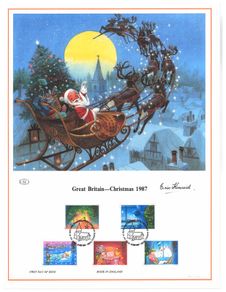 1987 Great Britain Limited Edition Lithographed Print measuring 333mm X 257mm showing Christmas 1987 Commemorative stamps with First Day of Issue Cancel