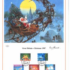 1987 Great Britain Limited Edition Lithographed Print measuring 333mm X 257mm showing Christmas 1987 Commemorative stamps with First Day of Issue Cancel