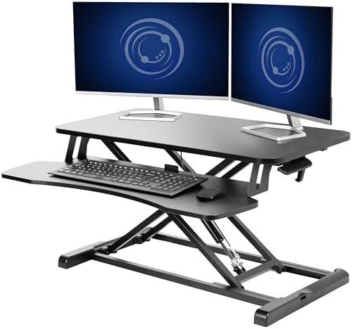 Standing 81 cm Desk Converter, Height Adjustable Riser, Sit to Stand Dual Monitor and Laptop Workstation with Wide Keyboard Tray, Black