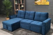 Blue Corner Sofa Bed with Storage &amp; Pull-Out Base