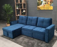 Blue Corner Sofa Bed with Storage & Pull-Out Base