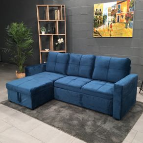 Blue Corner Sofa Bed with Storage & Pull-Out Base
