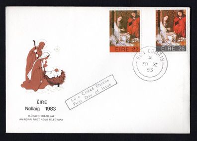 1983 Ireland Christmas Stamps P&T First Day Cover (FDC) with Ros Comain (Roscommon) steel cancel and first day of Issue Slogan