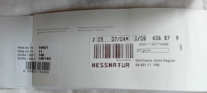 Hessnatur Woolfleece jacket Size 146-152