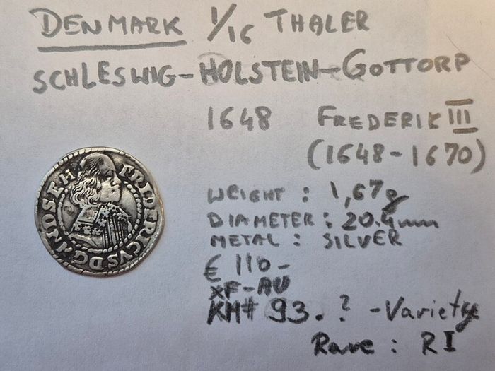 coin Denmark 1648  silver thaler 1.16 Frederick 3