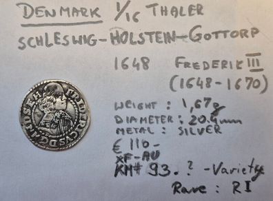 coin Denmark 1648  silver thaler 1.16 Frederick 3