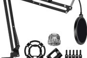 Microphone Stand Mic Arm Suspension Boom Scissor Arm Stand with 3/8" to 5/8" Screw Adapter Shock Mount Windscreen Pop Filter Mic Clip Holder Cable Ties for HyperX QuadCast, Blue Yeti