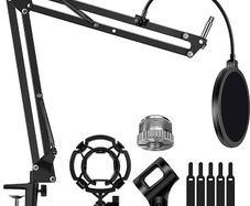 Microphone Stand Mic Arm Suspension Boom Scissor Arm Stand with 3/8" to 5/8" Screw Adapter Shock Mount Windscreen Pop Filter Mic Clip Holder Cable Ties for HyperX QuadCast, Blue Yeti