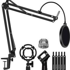 Microphone Stand Mic Arm Suspension Boom Scissor Arm Stand with 3/8" to 5/8" Screw Adapter Shock Mount Windscreen Pop Filter Mic Clip Holder Cable Ties for HyperX QuadCast, Blue Yeti