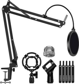 Microphone Stand Mic Arm Suspension Boom Scissor Arm Stand with 3/8" to 5/8" Screw Adapter Shock Mount Windscreen Pop Filter Mic Clip Holder Cable Ties for HyperX QuadCast, Blue Yeti