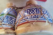 Moroccan small Bongo Drums CERAMIC BASE hand painted goat hide tops vintage
