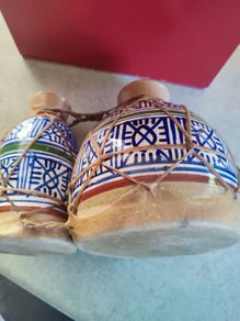 Moroccan small Bongo Drums CERAMIC BASE hand painted goat hide tops vintage