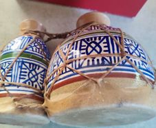 Moroccan small Bongo Drums CERAMIC BASE hand painted goat hide tops vintage