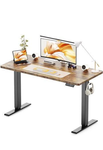 Electric Standing Desk, 120 x 60 cm, Rustic Brown Height Adjustable Desk, 2 Hooks, 4 Memory Heights, 72-118cm, Splice Board, Ergonomic Sit Stand Computer Desk for Home Office