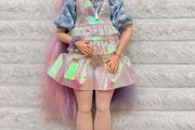 Barbie Extra #2 Curvy Asian Articulated doll Pink Purple Long Hair Used Please see photos