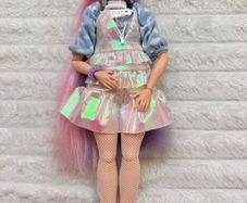 Barbie Extra #2 Curvy Asian Articulated doll Pink Purple Long Hair Used Please see photos
