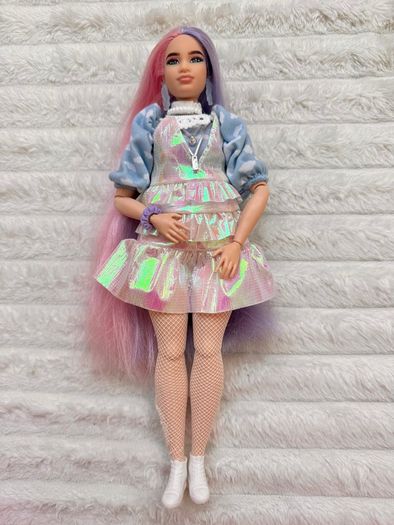 Barbie Extra #2 Curvy Asian Articulated doll Pink Purple Long Hair Used Please see photos