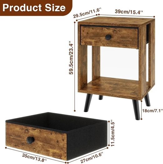 Set of 2 Side Tables, Bedside Table, Sofa End Table, with Fabric Drawers and Open Shelf Unit, Solid Wood Legs, Nightstand, for Bedroom, Living Room, Rustic Brown