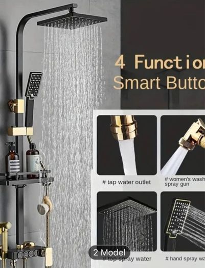 Luxury Black & Golden Square Shower Head Set - Wall-Mounted, Full Copper with Extended Pole, 4 Adjustable Settings for Ultimate Bathing Experience , brand new