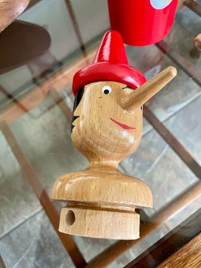 Vintage Tall Wooden Pinocchio Coin Bank with Lock and Keys Red Hand Painted Italy 29 cm