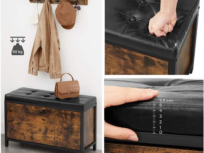 Shoe Bench Padded Shoe Organiser with Flap Shoe Cabinet for 6 Pairs of Shoes Steel Frame Industrial Design Vintage Brown/Black